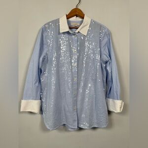 LOFT Blue Sequin Shirt, 100% Cotton, Size L, Great Condition!